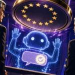 AI Act : un sceau aux douze étoiles de l'UE s'abat sur un chatbot holographique face à deux régulateurs