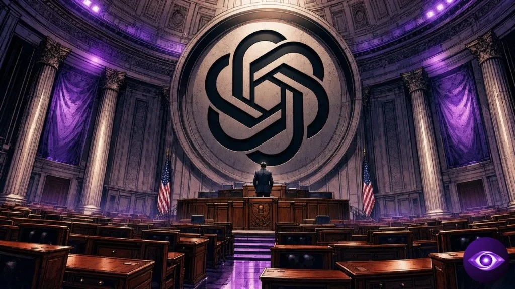 ChatGPT au Congrès : le logo OpenAI domine un hémicycle où un collaborateur minuscule lève les yeux