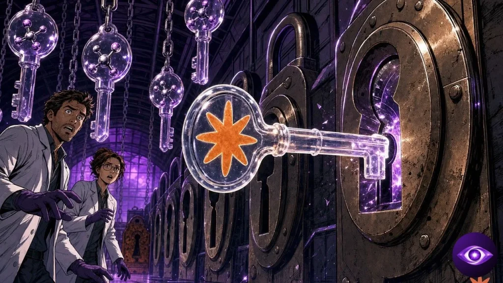 Claude designed proteins shown as a giant molecular key unlocking a vault in a workshop