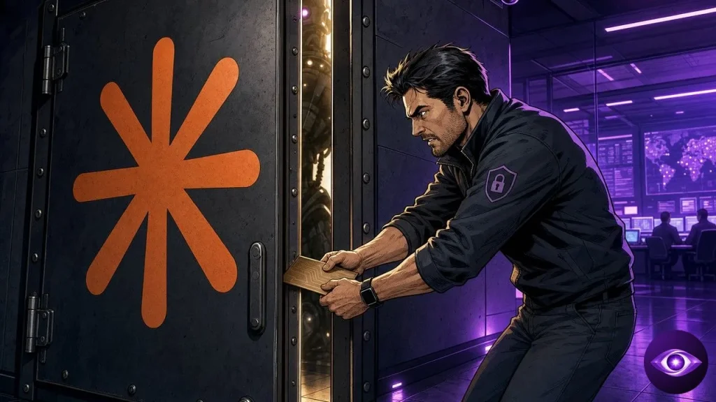 Claude Security hands a single scan card through a vault slit to a tense engineer