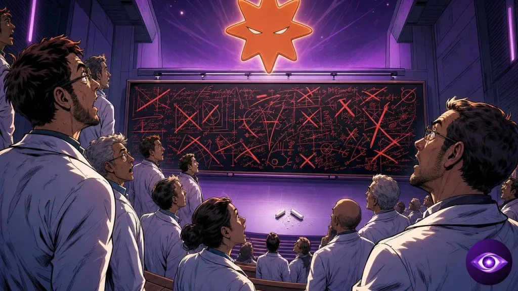 Claude Sonnet 5 marks up a blackboard as stunned researchers watch from lecture hall seats