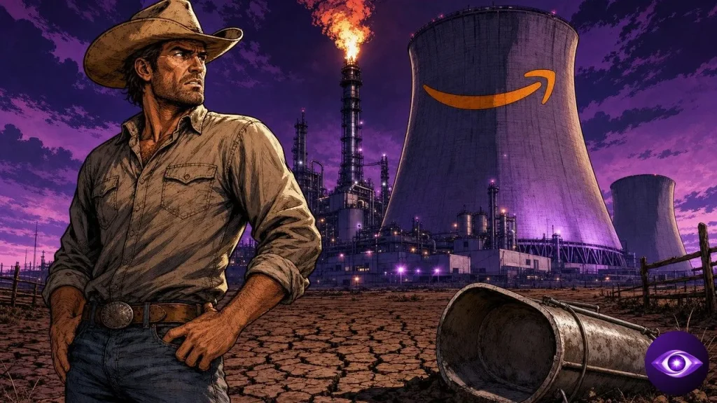 Amazon data center in Texas towered over by a gas plant flare as a worried rancher looks on