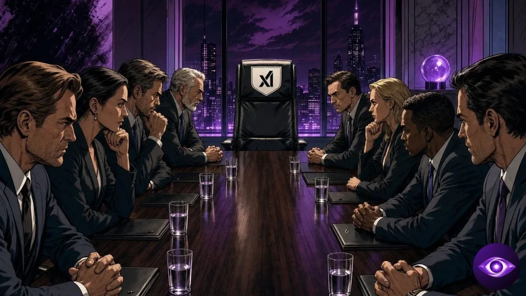 Grok 4.6 badge on an empty chairman seat facing a tense boardroom
