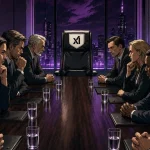 Grok 4.6 badge on an empty chairman seat facing a tense boardroom