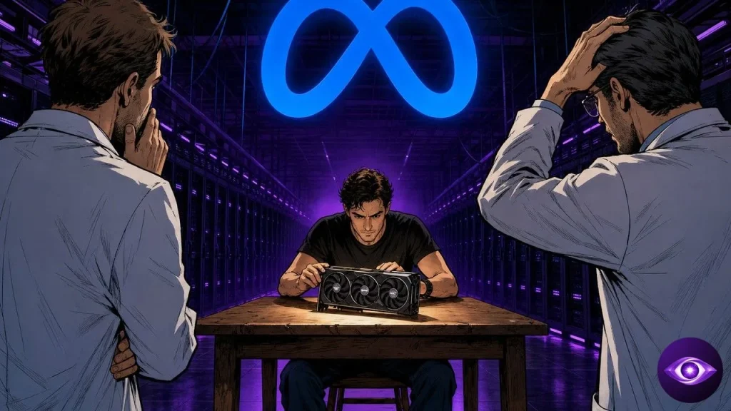 Muse Glimmer tourne sur une carte graphique posée sur une table dans un data center éteint