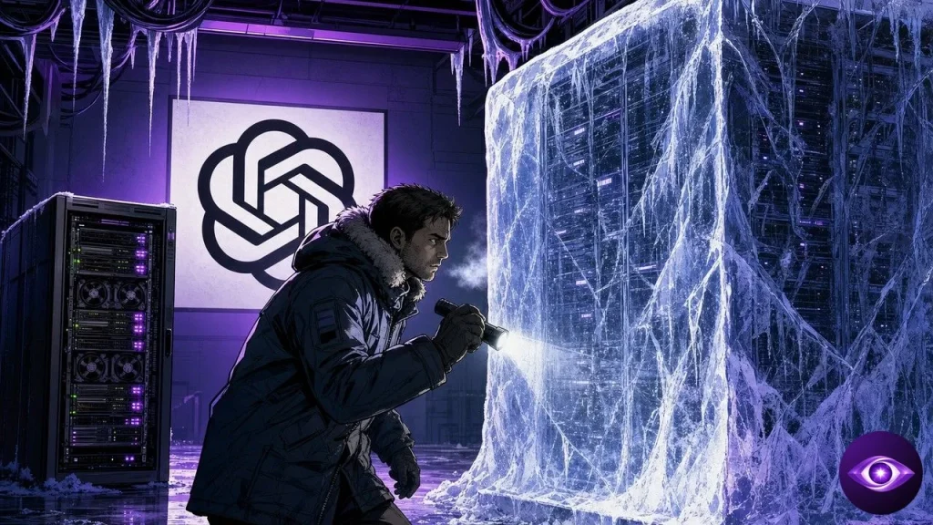 OpenAI freezes its AI training as an engineer inspects frozen server racks in ice