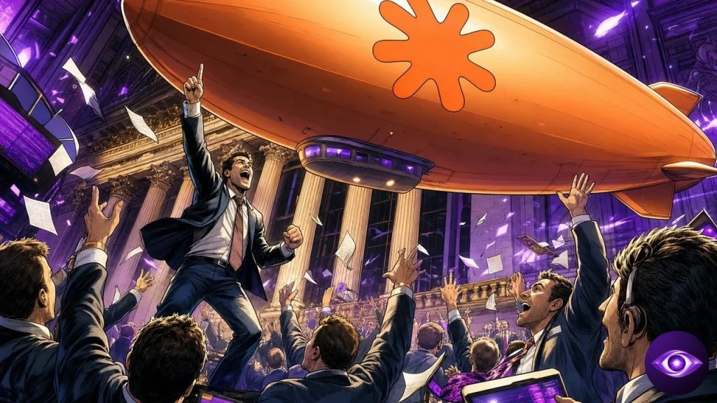 Anthropic revenue surge celebrated by traders watching a branded airship over the exchange floor