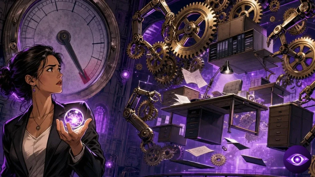 Taskade génère un bureau complet dans un atelier d'horlogerie, jauge de crédits au plus bas