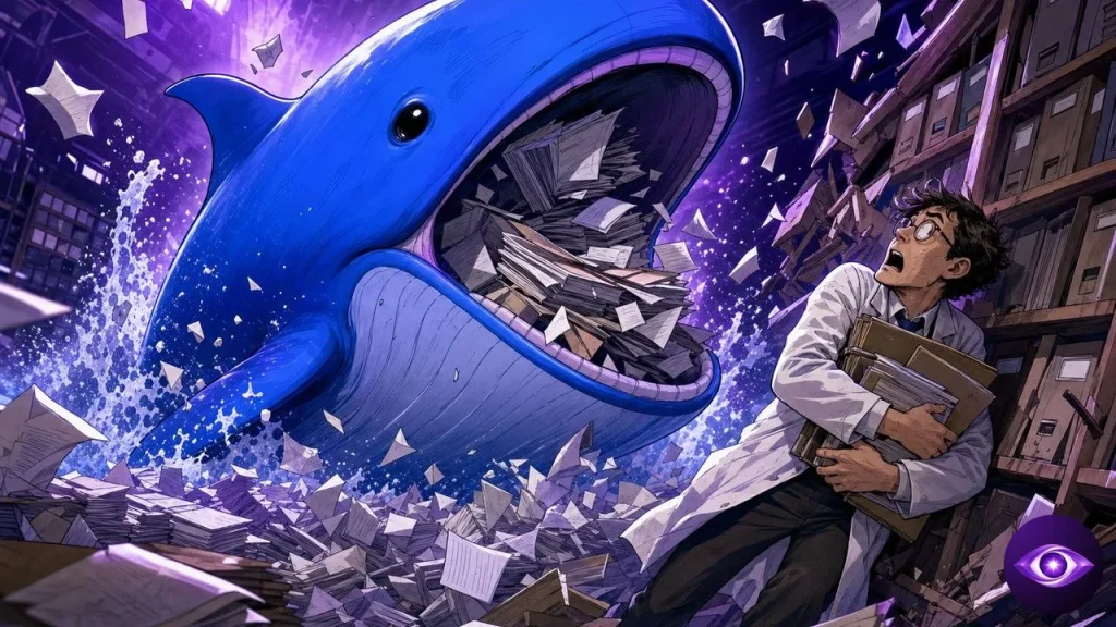 Test V4-Flash-Vision illustré par la baleine bleue DeepSeek engloutissant une salle d'archives