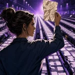 AI writing inspector holding a handwritten sheet against a giant automated sorting hall