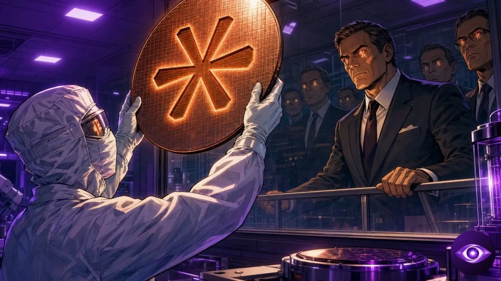 Anthropic AI chip etched into a giant silicon wafer as executives watch tensely behind glass