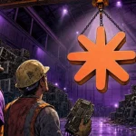 Riot Platforms mining racks pulled apart as a crane lifts the Claude logo into the warehouse