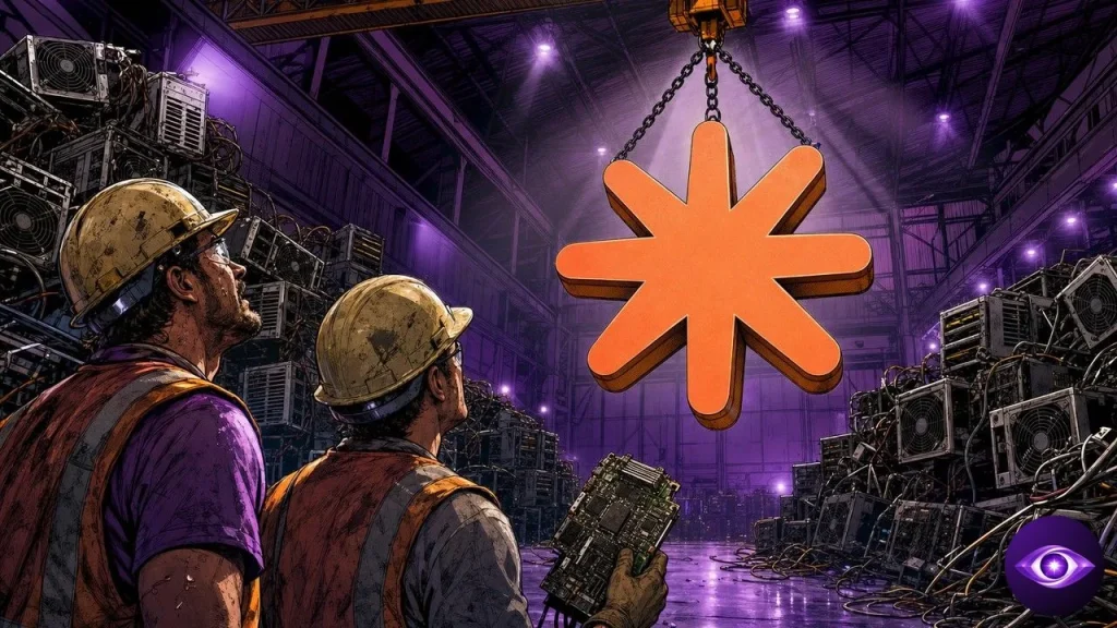 Riot Platforms démonte ses racks de minage tandis qu'une grue hisse le logo Claude dans le hangar