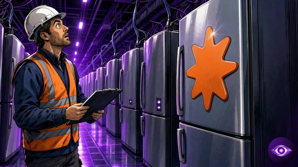 AI agent energy pictured as household refrigerators lined up along a data center aisle