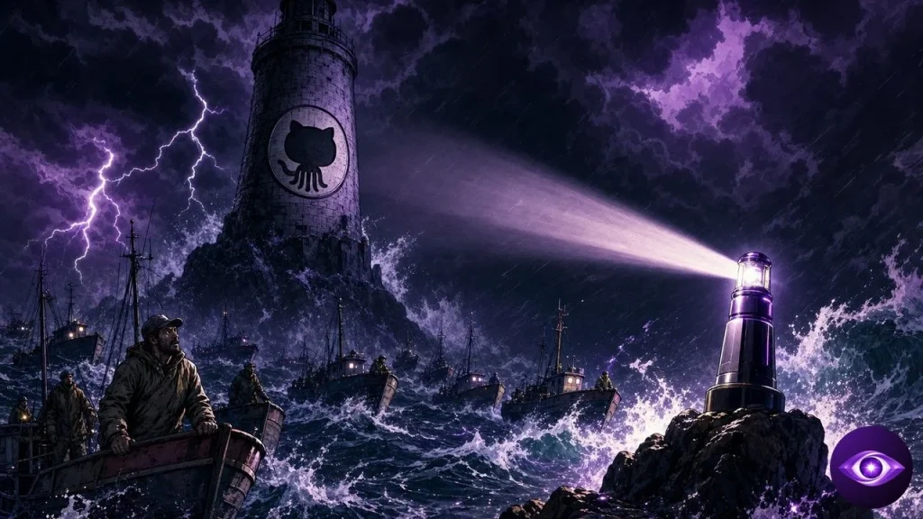 Cursor Origin shown as a lit beacon facing a dark GitHub lighthouse in a storm