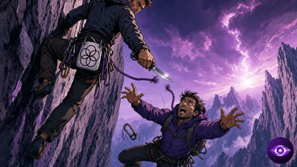 Cursor falls into the void as a climber wearing the OpenAI mark cuts the rope