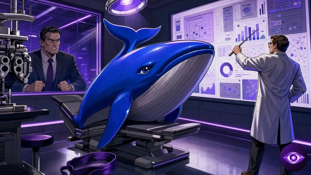 V4-Flash-Vision passe un examen de vue, baleine bleue DeepSeek face à un mur de graphiques