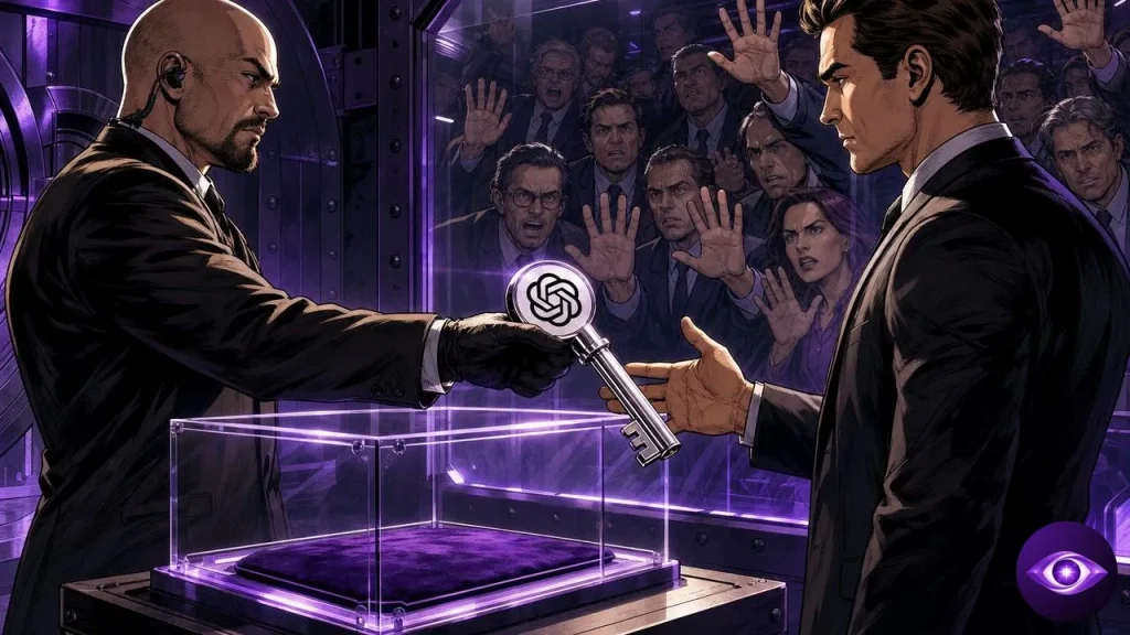 GPT-5.6 Cyber shown as a key handed over inside an armoured vault before a crowd of professionals