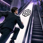 OpenAI closes the gap as an executive races up a logo-marked escalator past a rival