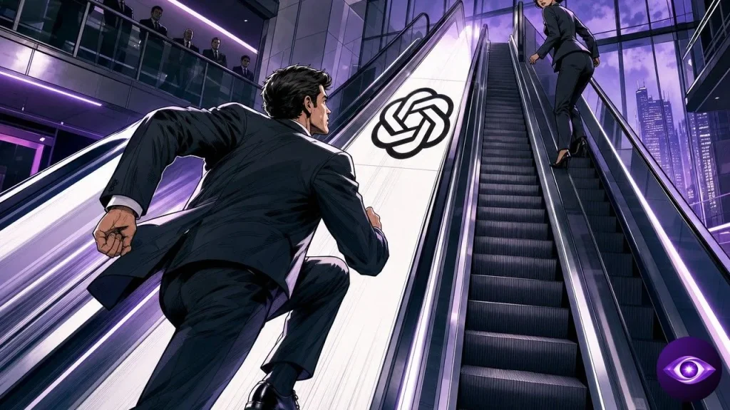 OpenAI comble son retard, cadre gravissant un escalator marqué du logo face à une concurrente