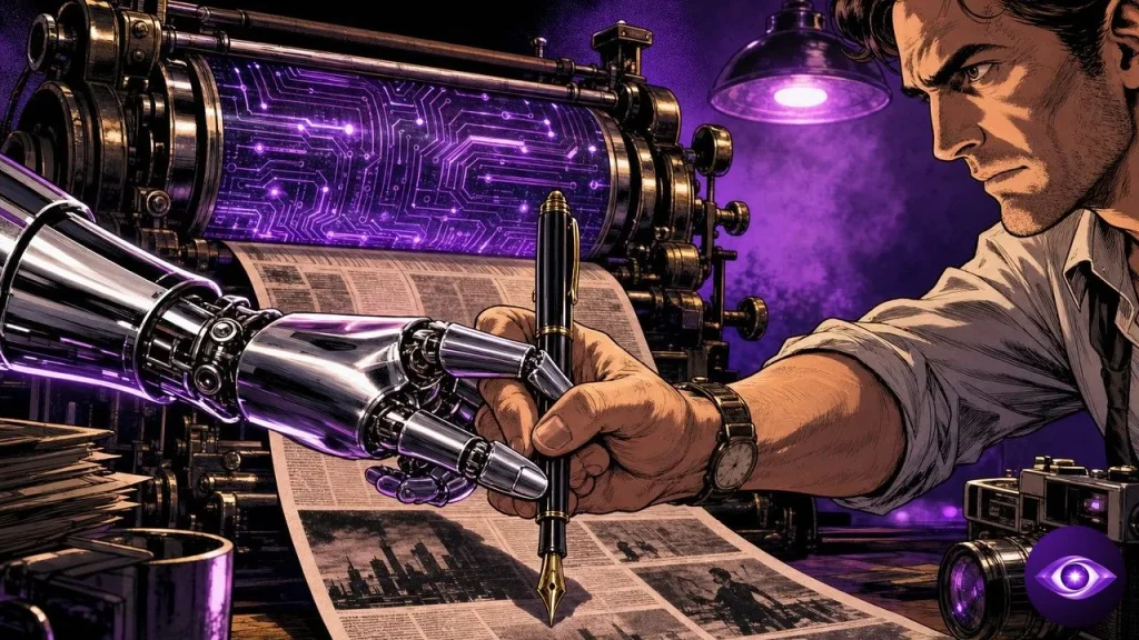 Prix Pulitzer : une presse à circuits imprimés, une main humaine et une main robotisée tiennent le même stylo