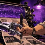Prix Pulitzer : une presse à circuits imprimés, une main humaine et une main robotisée tiennent le même stylo
