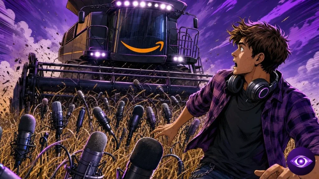 Twitch streams harvested by an Amazon combine swallowing studio microphones as a creator recoils