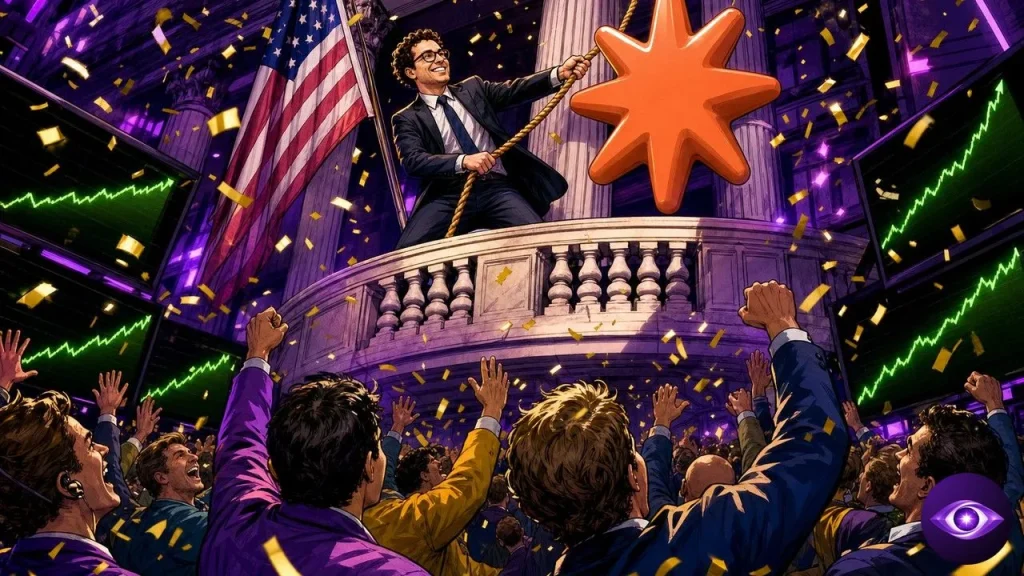Anthropic IPO bell ringing over a euphoric trading floor covered in confetti