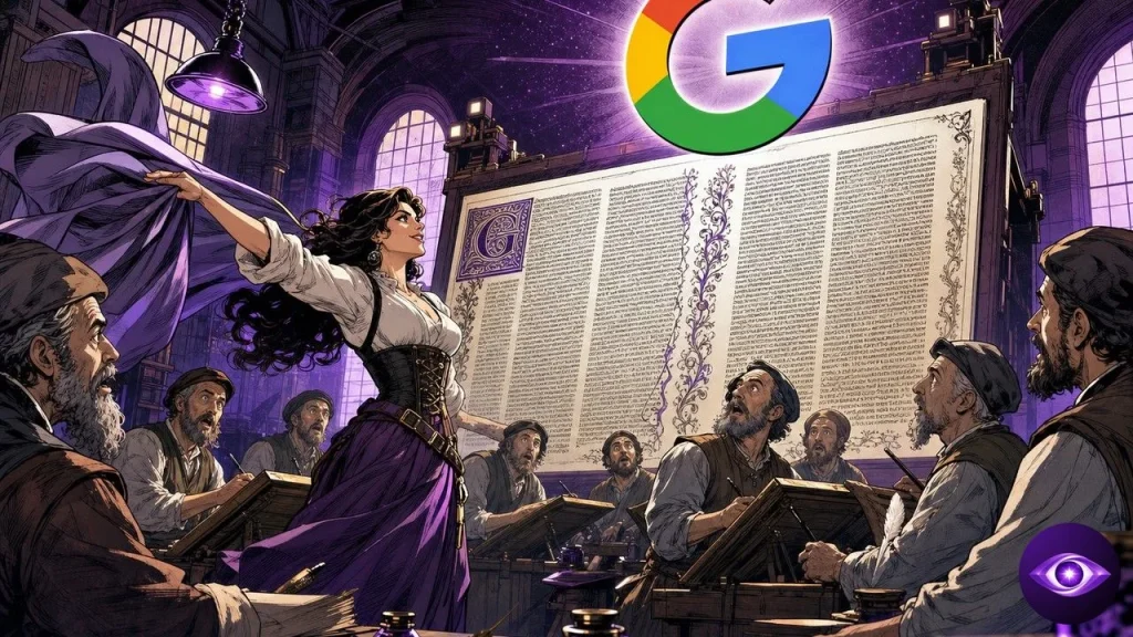 DiffusionGemma illustré par une page entière révélée d'un coup devant des calligraphes stupéfaits