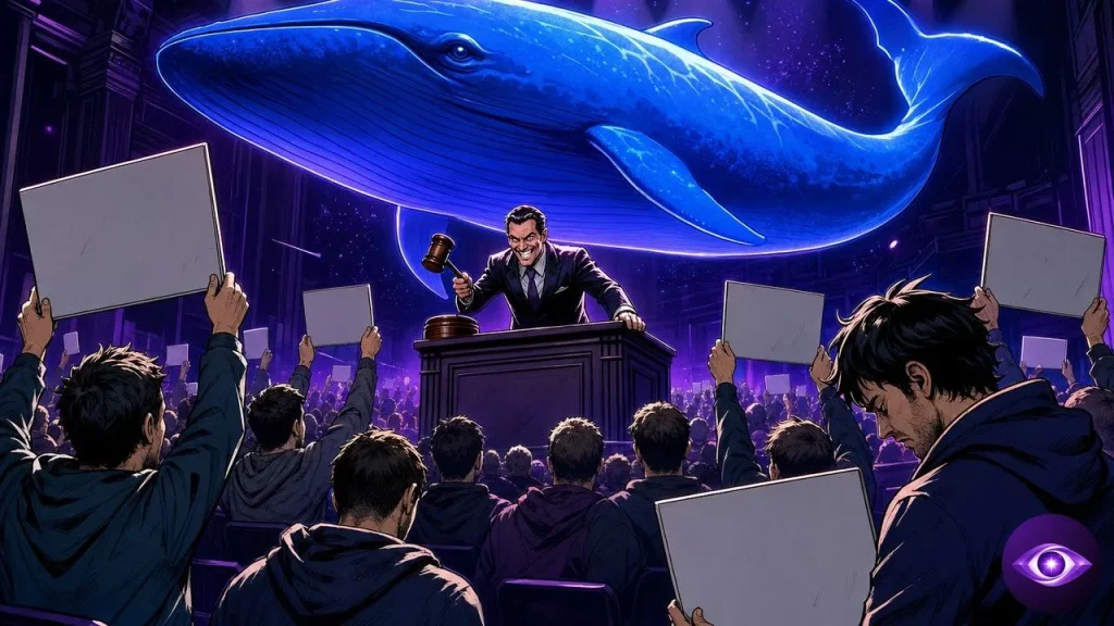 Prix DeepSeek mis aux enchères, la baleine bleue flottant au-dessus d'une salle des ventes comble