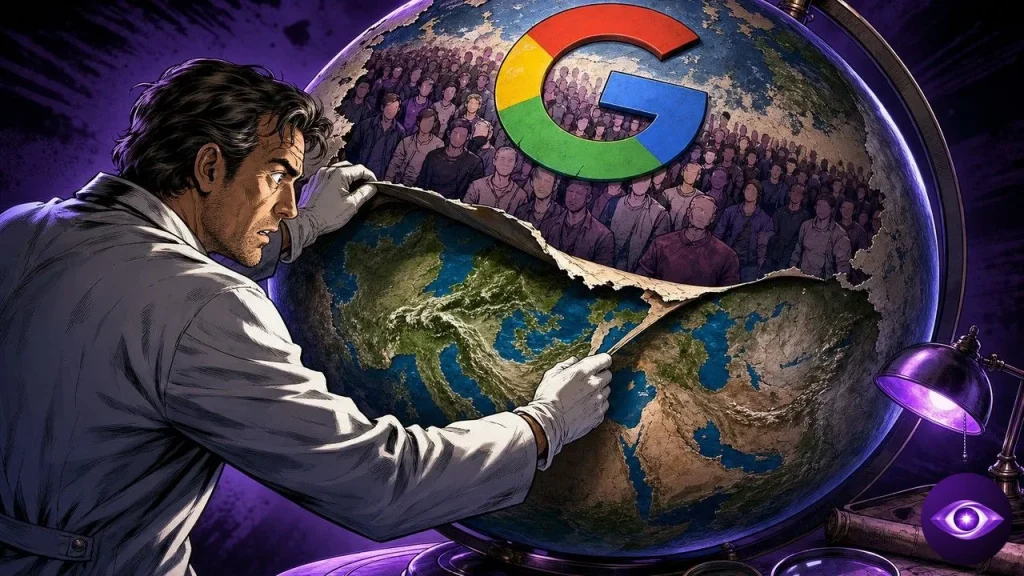 Google Earth : une main retire une fausse scène superposée sur un globe satellite, logo Google