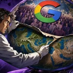 Google Earth : une main retire une fausse scène superposée sur un globe satellite, logo Google