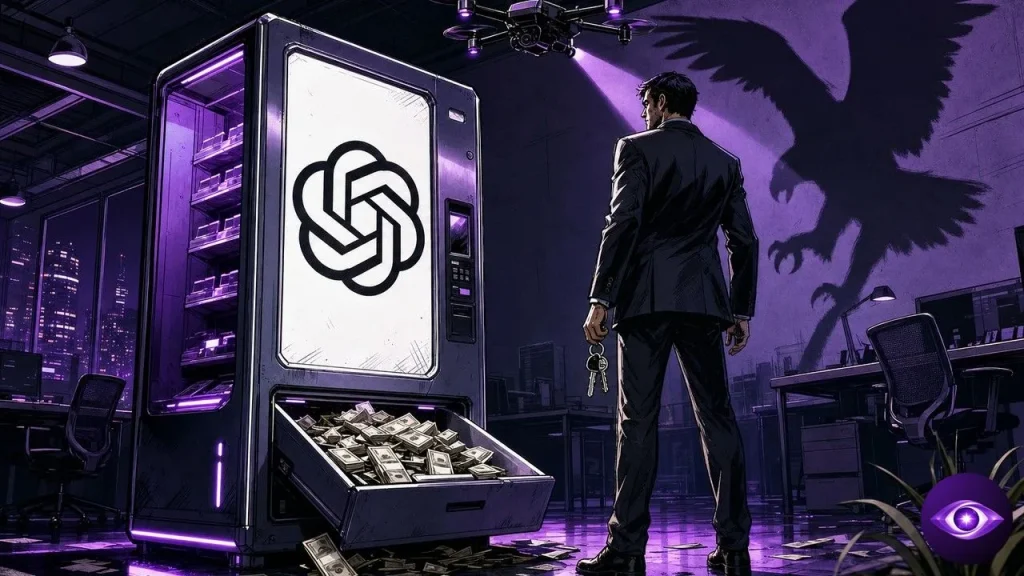 Astra agent minding a vending machine counter while a drone watches the aisle