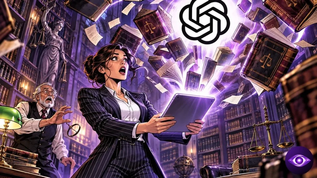 Astra for Law pulling law books off library shelves into a lawyer's glowing tablet