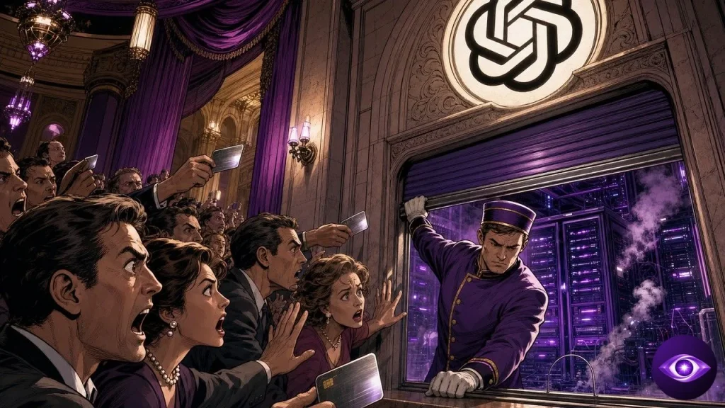 ChatGPT Pro ticket window closing on a crowd of subscribers in a grand hall