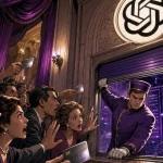 ChatGPT Pro ticket window closing on a crowd of subscribers in a grand hall