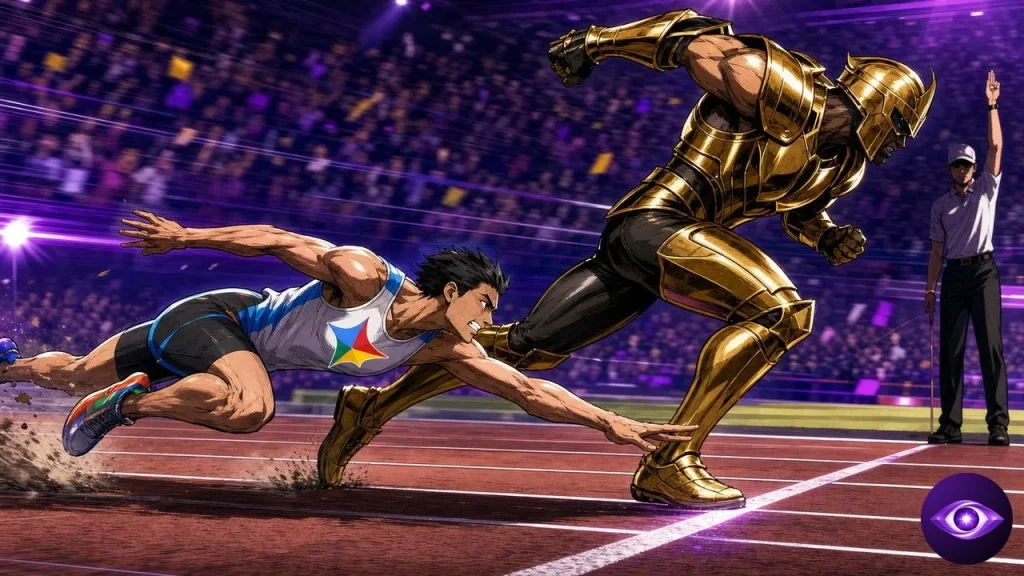 Gemini 3.8 Flash crosses the finish line just behind a runner in golden armour