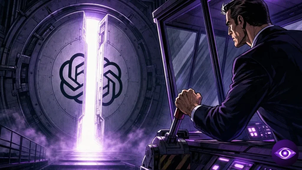 Paul Christiano at a control cabin lever facing an OpenAI vault door swinging open
