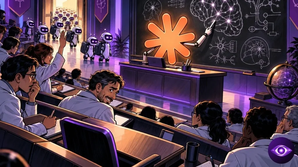 Claude as an orange star teaching a lecture to uneasy Anthropic researchers