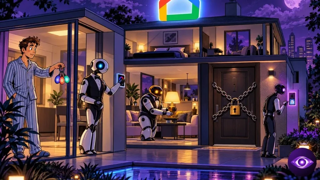 Google Home glowing above a house as robot butlers walk in, front door padlocked