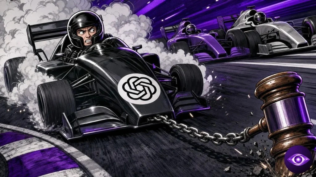 OpenAI race car braking hard, its pedal chained to a judge gavel on track