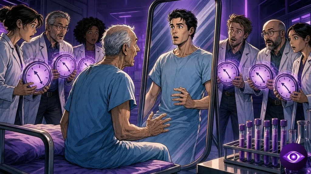 Rentosertib leaves a patient facing a younger reflection as six researchers stare in disbelief