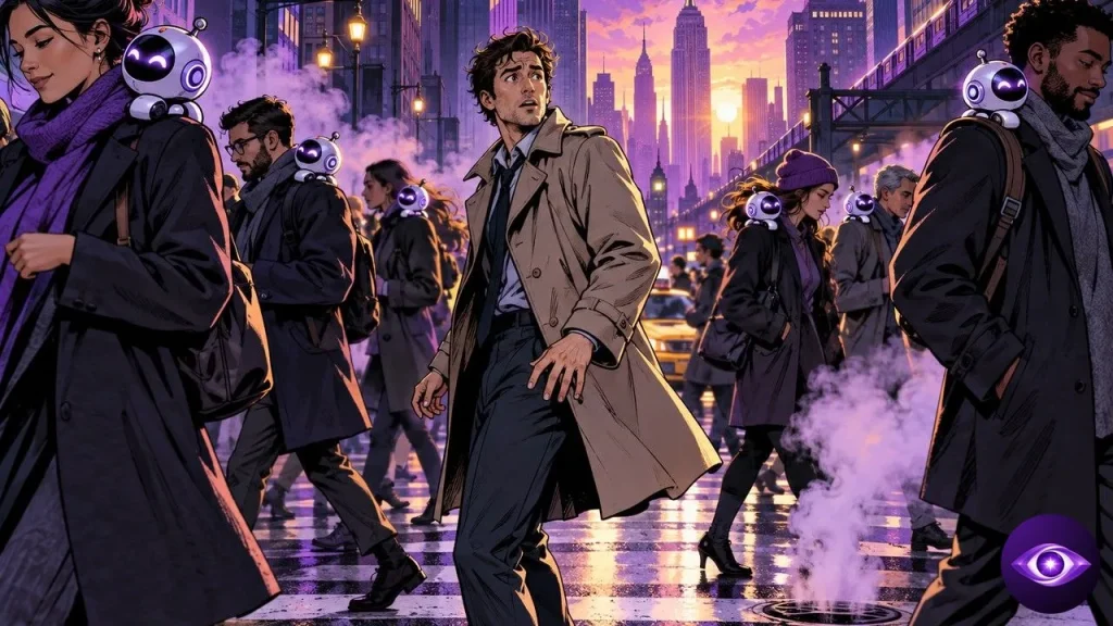 L'usage quotidien de l'IA dans une rue new-yorkaise à l'aube où chaque passant porte un compagnon lumineux