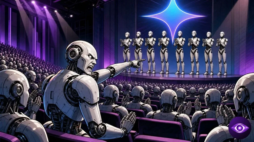 Les agents DeepMind applaudissent sur scène pendant qu'un robot isolé les accuse