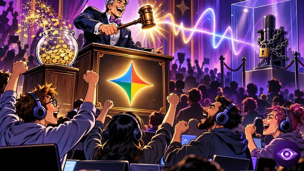 Gemini 3.8 Live on an auction podium cheered by developers wearing headsets