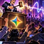 Gemini 3.8 Live on an auction podium cheered by developers wearing headsets