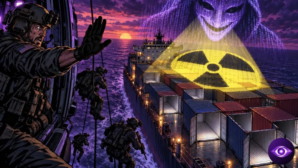 AI hallucination projecting a fake nuclear symbol onto a cargo ship as troops rappel down