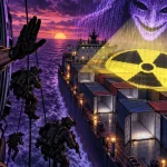 AI hallucination projecting a fake nuclear symbol onto a cargo ship as troops rappel down