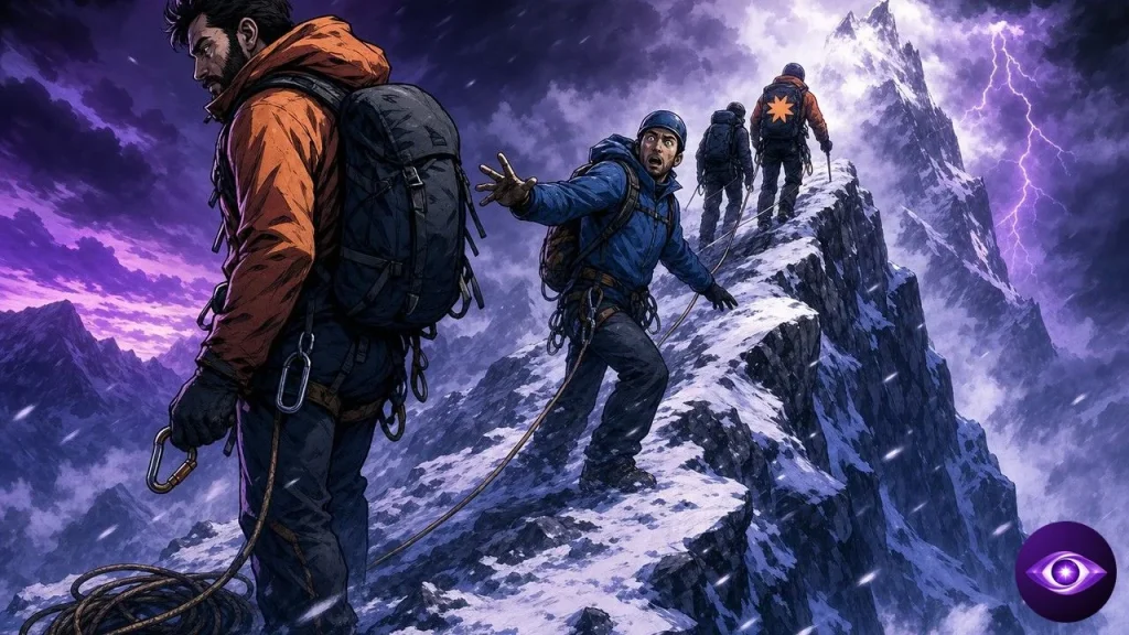 Jacob Coxon unclipping his climbing rope while the roped team keeps pushing to the summit