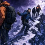 Jacob Coxon unclipping his climbing rope while the roped team keeps pushing to the summit